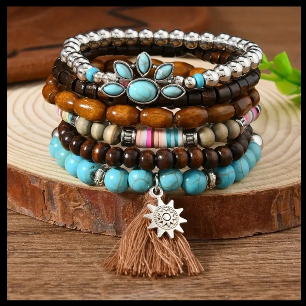 Colorful Beaded Bracelet Set 6 Stackable Boho Stretch Bracelets Tassel Charm